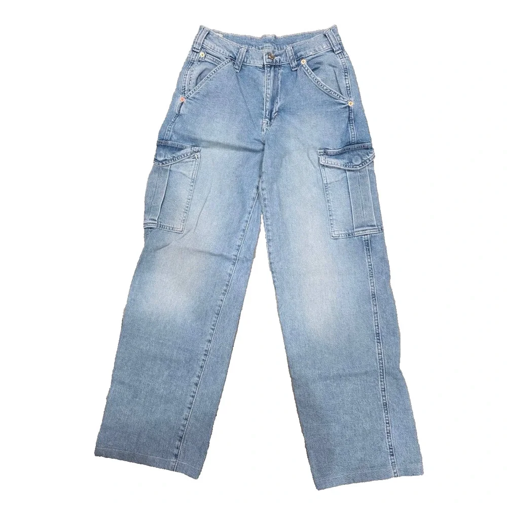 GAP 90's Loose Mid Rise cotton Cargo Jeans Women 24 Wide Leg Blue Denim A003268 - Picture 3 of 13